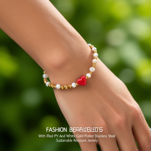 Fashion Beaded <b>Bracelet</b> With <b>Red</b> Heart And White Pearl Gold Plated Stainless Steel Sustainable Resistant Jewelry - Product Image 3