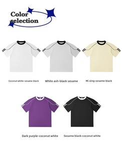 Camiseta de Hombre de Algodón Puro de 240g, Cuello Redondo, Rayas de Color en Contraste, Verano, Transpirable, Duradera, Alta Resistencia del Color - Product Image 3