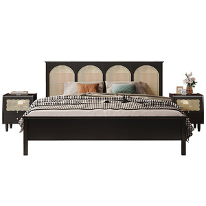 Italian Minimalist <b>Double</b> 1.8m Solid Wood Black <b>Bed</b> Platform Frame Rattan Headboard Bedroom Furniture - Product Image 4