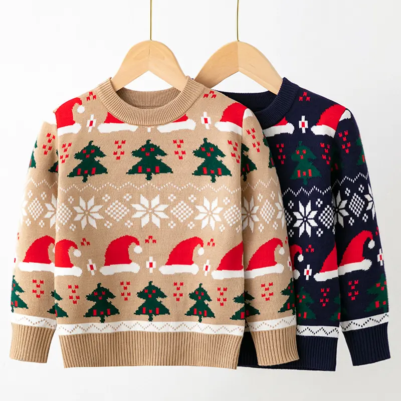 Hot Selling 2022 Children Boys Clothing Pullover Knitted Sweaters Christmas Trees And Hats Pattern Baby Girls Bottoming Sweater