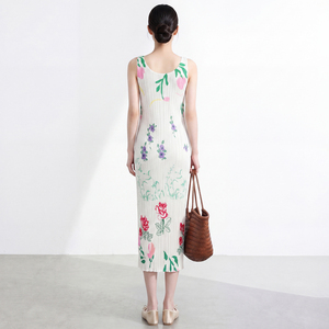 Romantic Floral Print Chiffon Midi <b>Dress</b> Ruffles Sleeveless Pleated Hem Modern Fit Polyester Breathable Summer Autumn Ruched - Product Image 6
