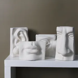 Creativo cinco sentidos diseño florero divertido blanco cara de cerámica, jarrones
