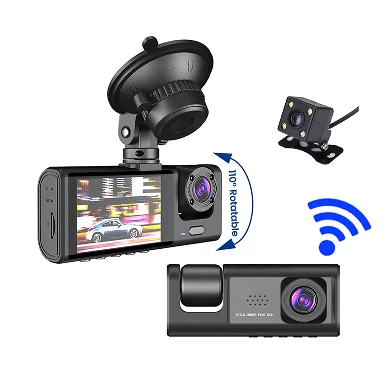 กล้องติดรถยนต์ไร้สาย3เลนส์ Wi-Fi กล้องติดรถยนต์3เลนส์2นิ้ว1080P Full HD กล้องบันทึกวิดีโอ DVR