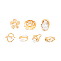 Conjunto de Anillos de Moda con Perlas de Resina Imitadas y Flores Metálicas para Mujer, Anillos Apilables, Regalo para Fiesta, Joyería de Moda