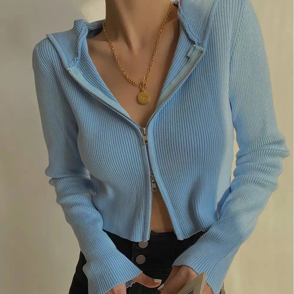 INS Hot and Sexy Summer Short Cardigan knit High Waist Show Your Body Double Zip Hoodie Sweater Crop Top Cardigan Sweater