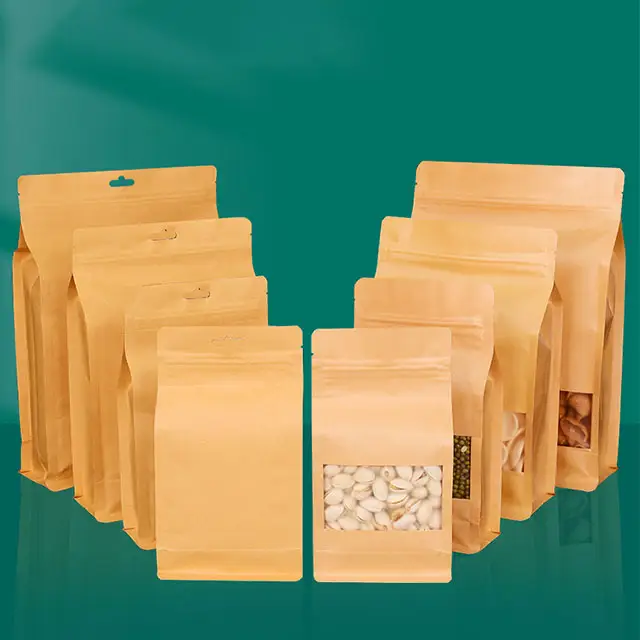 Inner Aluminum Foil Kraft Paper Flat Bottom Stand Up Pouches Eight Sided Sealed Zip Lock Food Storage Bags With Window