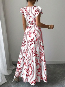 Vestidos Elegantes de Playa para Mujer, con Lazos Delanteros, Dobladillo con Volantes, Manga Corta, Estampado Floral, Corte en A, a la Moda - Product Image 5