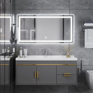 Mueble de Baño Doble con Lavabo, Color Gris Oscuro, con Espejo LED de 3 Puertas y Estante Abierto, para Hogar u Hotel, Venta al Por Mayor - Product Image 4