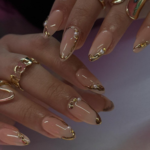 Uñas Postizas Pre-Decoradas con Borde Dorado Estilo Francés, Personalizables con Logotipo, 24 Piezas, Material ABS, Diseño Sólido, Forma Ovalada, Tamaño Mediano - Product Image 1