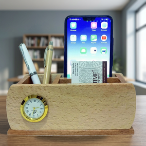 Organiseur de bureau en bois avec horloge et porte-stylos pour usage professionnel - Product Image 4