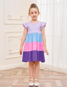 Abiti da ragazza Bumeex in cotone con maniche a volant, gonna a balze, linea ad A, grazioso vestito estivo midi casual con stampa a blocchi di colore - Product Image 2