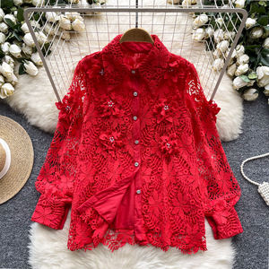 फीता ब्लूज़ महिलाओं गर्मियों की शैली तीन आयामी फूल सिंगल ब्रीस्टेड लंबे आस्तीन ब्लाउज - Product Image 3