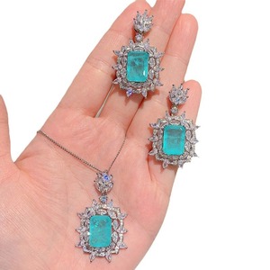 Set di collana con ciondolo e orecchini color verde acqua vintage per donna, gioielli alla moda scintillanti - Product Image 6