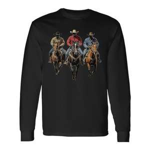 T-shirt noir à manches longues, design western avec cowboys afro-américains montant à cheval, Texas Rodeo - Product Image 1