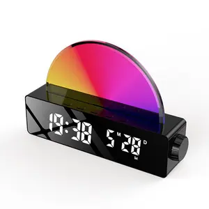 일출 디지털 알람 시계 기상 조명 침대 옆 램프 밝기 조절이 가능한 여러 가지 빛깔의 야간 조명 스누즈/타이머/온도 표시