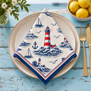 Serviette de table en coton imprimé de qualité supérieure avec motif phare nautique – Serviette de table maritime côtière avec voiliers, ancres et mouettes - Product Image 5