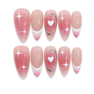 Lot de 10 faux ongles en amande, faits main, blancs, avec paillettes mates, motifs étoiles, cœurs et arcs argentés, à coller, réalistes - Product Image 2