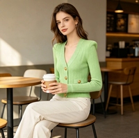 Cardigan en maille côtelée vert menthe à col en V pour femme, coupe ajustée, boutons dorés, pull élégant de printemps, haut à manches longues style preppy