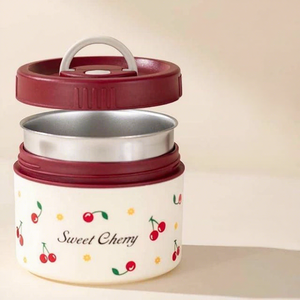 กล่องข้าวทรงกระบอกลายการ์ตูนเชอร์รี่หวาน วัสดุสแตนเลส 316 ฝา PP ใช้กับไมโครเวฟได้ เหมาะสำหรับพนักงานออฟฟิศและนักเรียน - Product Image 1