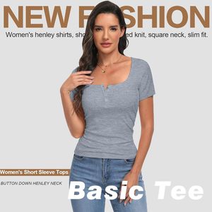 Haut Henley côtelé à manches courtes pour femme, coupe ajustée, boutonné devant, décontracté, basique, respirant, mélange coton élasthanne - Product Image 6