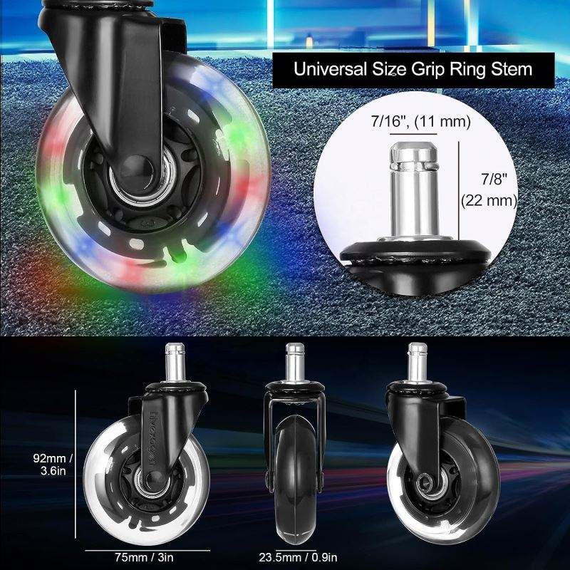 Office Caster RGB Color Changing Lights 3 Inch Roller Bearing Replacement Gaming Chair Casters Rubber Wheels Hospital Bathroom