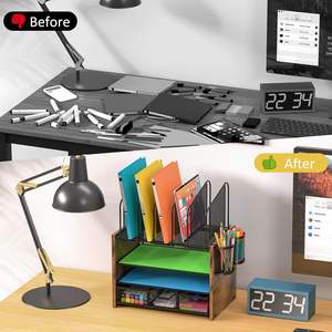 Organizador de Escritorio Plegable Moderno de 4 Niveles, Organizador de Archivos de Madera para Escritorio, 5 Soportes Verticales para Archivos, 2 Soportes para Bolígrafos, Cajón, Escuela - Product Image 3