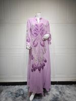 Elegante Islamische Abaya Muslimisches Abendkleid Traditionelles Polyester-Kleid mit Pailletten Paisley-Muster Langarm Knöchellang Locker Geschnitten FK086