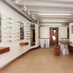Présentoir à lunettes LED moderne à la mode Retron avec établi en bois personnalisé pour la décoration intérieure du centre commercial - Product Image 1