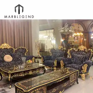 Prezzo di fabbrica royal living room set di mobili in legno di ottone set di divani blu scuro reale di lusso