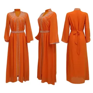 New Arrival Kaftan Middle Eastern Diamond Hot Chiffon Dress With Belt Muslim Women Evening Long Dress Abaya