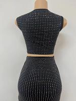 HANOU Ensemble jupe deux pièces d'été, haut court sexy, taille haute, coupe portefeuille, fendue, mi-longue, style industriel, orné de strass