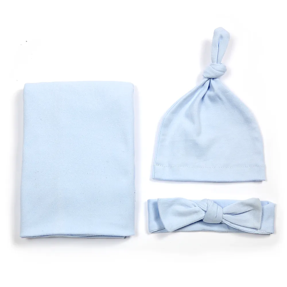 100% Jersey Cotton Baby Swaddle Blanket Set Solid Colour Baby Swaddle Wrap With Knotted Headband And Hat