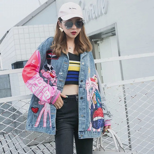 Giacche in Denim da Donna con <span class=keywords><strong>Motivi</strong></span> Cartoon Ricamati, Stile Casual Streetwear, Colore <span class=keywords><strong>Rosa</strong></span>, con Maniche in Tessuto - Product Image 2