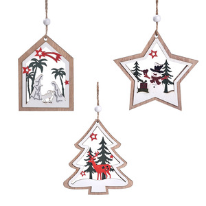 Décorations de Noël en bois à suspendre, forme étoile et maison d'arbre, peintes à la main en couleur pour le sapin de Noël - Product Image 5