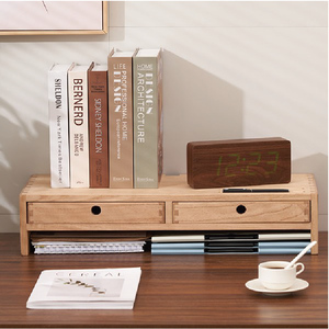 Support d'écran en bois avec 2 tiroirs, rehausseur d'écran d'ordinateur en bois massif pour bureau, étagère d'organisation de bureau avec gestion des câbles - Product Image 5