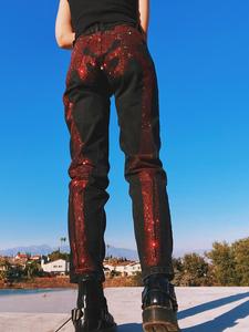 Custom High Waisted Skeleton <strong>Red</strong> Rhinestone Reconstructed <strong>Jeans</strong> <strong>Womens</strong> Black Denim Mom <strong>Jeans</strong> - Product Image 2