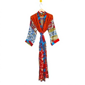 Peignoir Kimono en Soie Satinée pour Femme, Longueur Genou, Motif Floral Élégant, Fermeture à Cordon, Caftan de Nuit, Patchwork Uni - Product Image 1