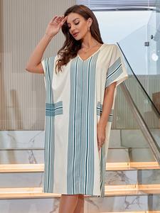 ชุดนอนแขนค้างคาวลายทางสำหรับผู้หญิง, ชุดนอนผ้าฝ้ายสำหรับผู้หญิงขนาดใหญ่พิเศษ - Product Image 5