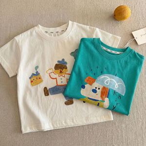 Miyaby Children's Summer Short Sleeve T-Shirt Cartoon Print Cotton Round Neck Top For Boys Green And Off White - Product Image 2