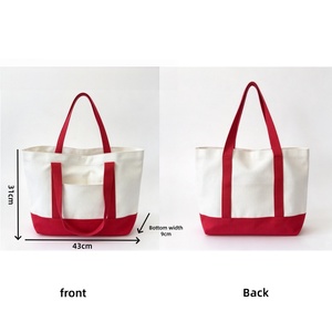 Custom Logo White <b>Canvas</b> Tote <b>Bag</b> Large Size Shoulder Handle <b>Shopping</b> <b>Bag</b> Daily Use Red Trim OEM/ODM - Product Image 3