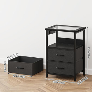 Glass Top Rectangular Fabric Black <strong>Side</strong> <strong>Table</strong> Hollow 2 <strong>Drawers</strong> With Socket LED Light 1PC - Product Image 3