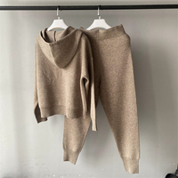 Hiver Confortable Custom Soft Cozy Wool Knitted Sweater Hooded Elegant Two Pieces Lounge Wear Long Pants Ladies Sweater Sets