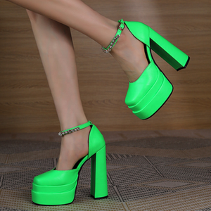 PU Leather Fancy Girl's High <b>Heel</b> Shoes Fashion Square Toe Thick Platform Sandals Summer Women Dress <b>Heel</b> Shoes Diamonds Size 43 - Product Image 2