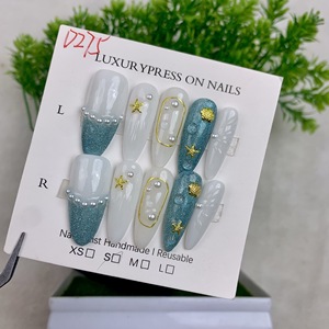 Newby almendra <span class=keywords><strong>uñas</strong></span> 3D hecho a mano diseño Floral <span class=keywords><strong>azul</strong></span> océano estilo desmontable <span class=keywords><strong>uñas</strong></span> arte conjunto hecho a mano dedos artificiales - Product Image 3