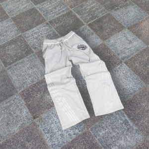 Logotipo personalizado bordado 100% algodón Streetwear Joggers Vintage Raw Edge cintura pantalones con rayas laterales para hombres - Product Image 2