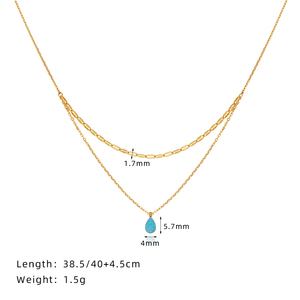 18k Gold Plated Stainless Steel Geometric Vintage Double Layer Beads Water Drop <b>Opal</b> Pendant <b>Necklace</b> Women's Party Fashion - Product Image 2