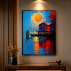 Toile texturée bateau au coucher du soleil, paysage tropical peint à la main, toile abstraite moderne, peinture acrylique faite à la main, bateau au coucher du soleil - Product Image 1