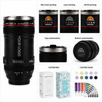 Mug à café personnalisé avec logo, 14 oz, en acier inoxydable à double paroi, isolé, anti-fuite, avec couvercle, en forme d'objectif d'appareil photo, idéal pour un cadeau
