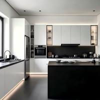 Meubles de cuisine modernes et luxueux en contreplaqué haut de gamme, en forme de L, avec îlot, bande lumineuse, tiroirs et finition grain de bois