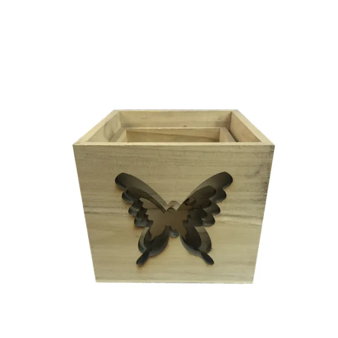 Organizador de escritorio de madera para el hogar, caja contenedora de almacenamiento con bandeja de almacenamiento con recortes de mariposa, cajas de madera decorativas personalizadas